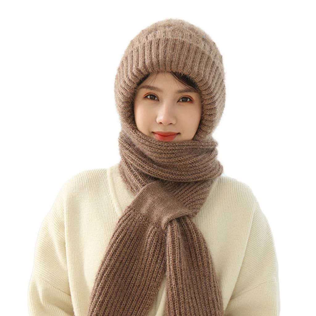 2-in1 Soft Warm Scarf Cap Crochet Hooded Scarf Hat for Skiing Hiking Universal Lady Windproof Shawl Hat with Neck Covers