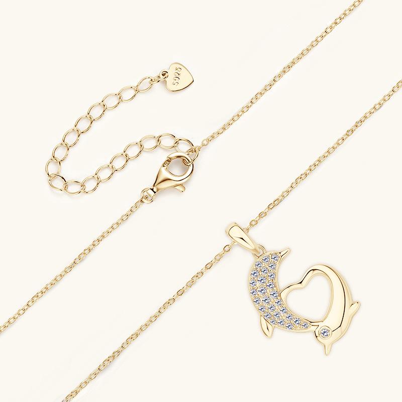 Серебряный Гламурный Бордюр Модный 10k Настоящее Золото Муассанит Подвеска Дельфин, Нишевый Стиль Цепочка на Ключицу, Дизайнерское Ожерелье Высокого Класса