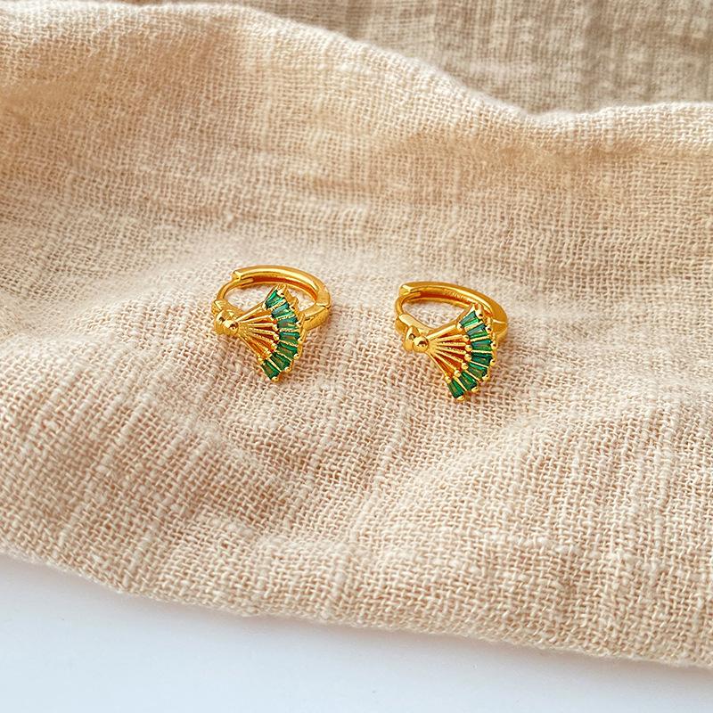 Women Exquisite 18k Gold Plated Fan Shape Zircon Fashion Hoop Earrings