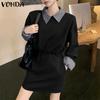 Women Summer Shirt Collar Long Sleeve Fake Two Piece Striped Dresses
