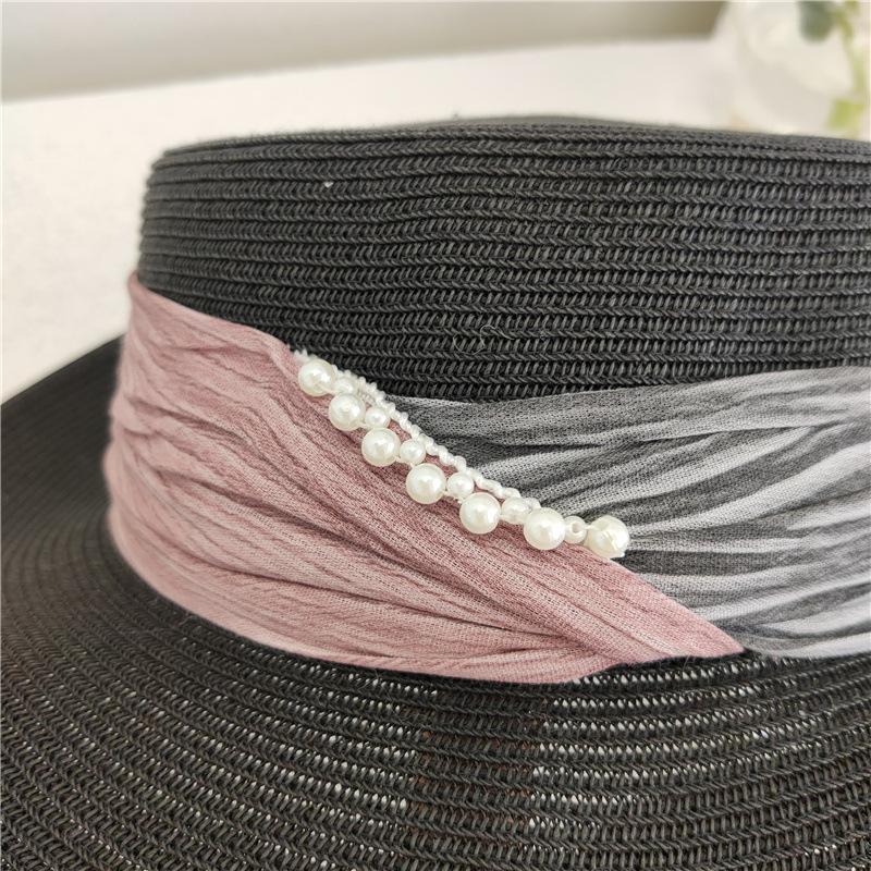 Celebrity Temperament Elegant Pearl Straw Hat Women's Summer Vacation Pleated Cloth Flat Top Sunscreen Visor
