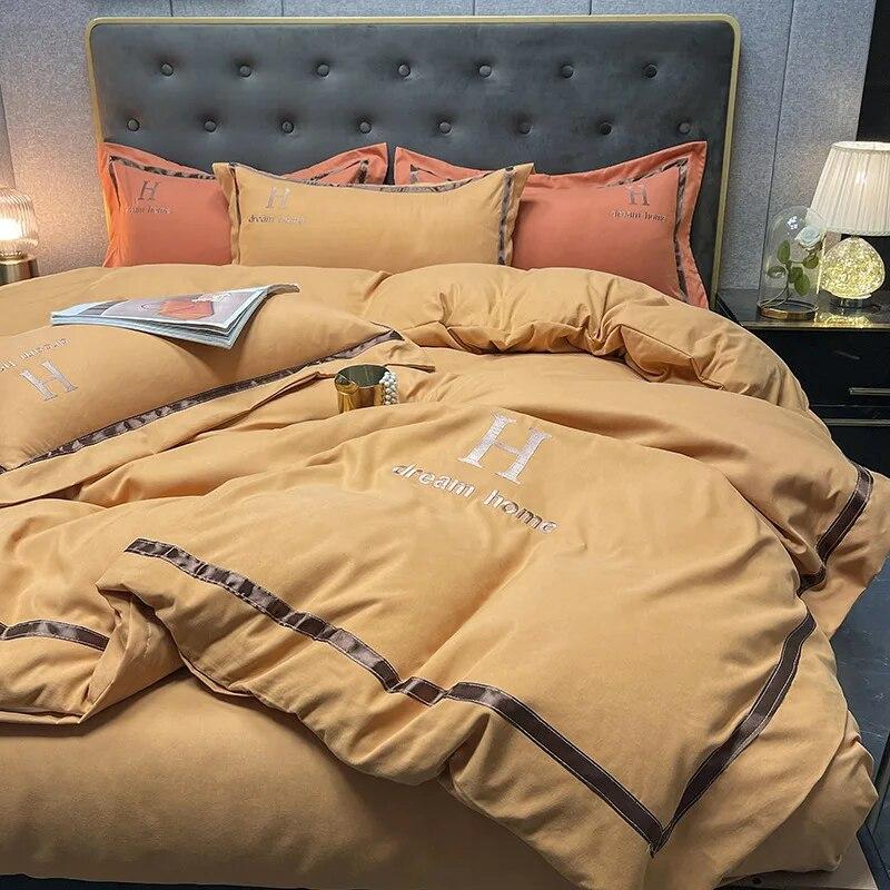 4 Pcs Light Luxury Polyester Cotton Sheets for Bed Solid Colour Full Queen King Size Bed Comforter Set with Duvet Cover