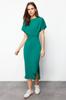 Women's Fashion Emerald Green 100% Cotton Waist Midi Knitted Pencil Dress with Slit and Tie Detail