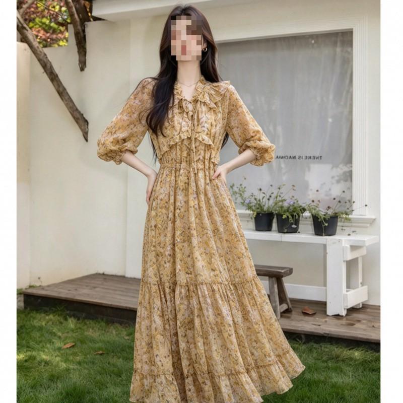 Vintage Floral Midi Dress Long Sleeve Loose Fit Casual Women