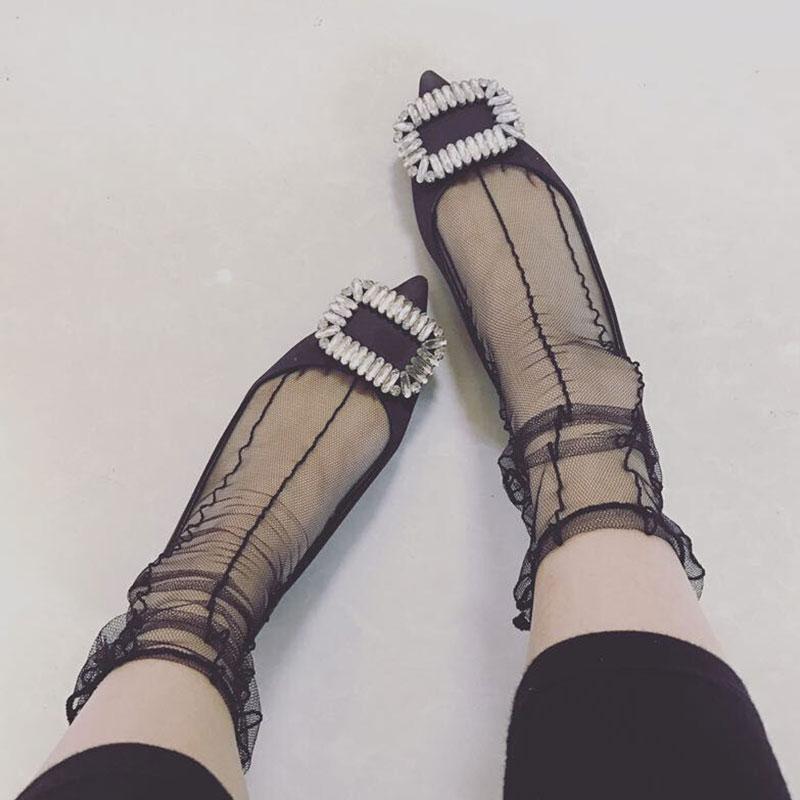 Женские сексуальные ультратонкие дышащие черные кружевные средние носки в стиле ретро, ​​модные носки