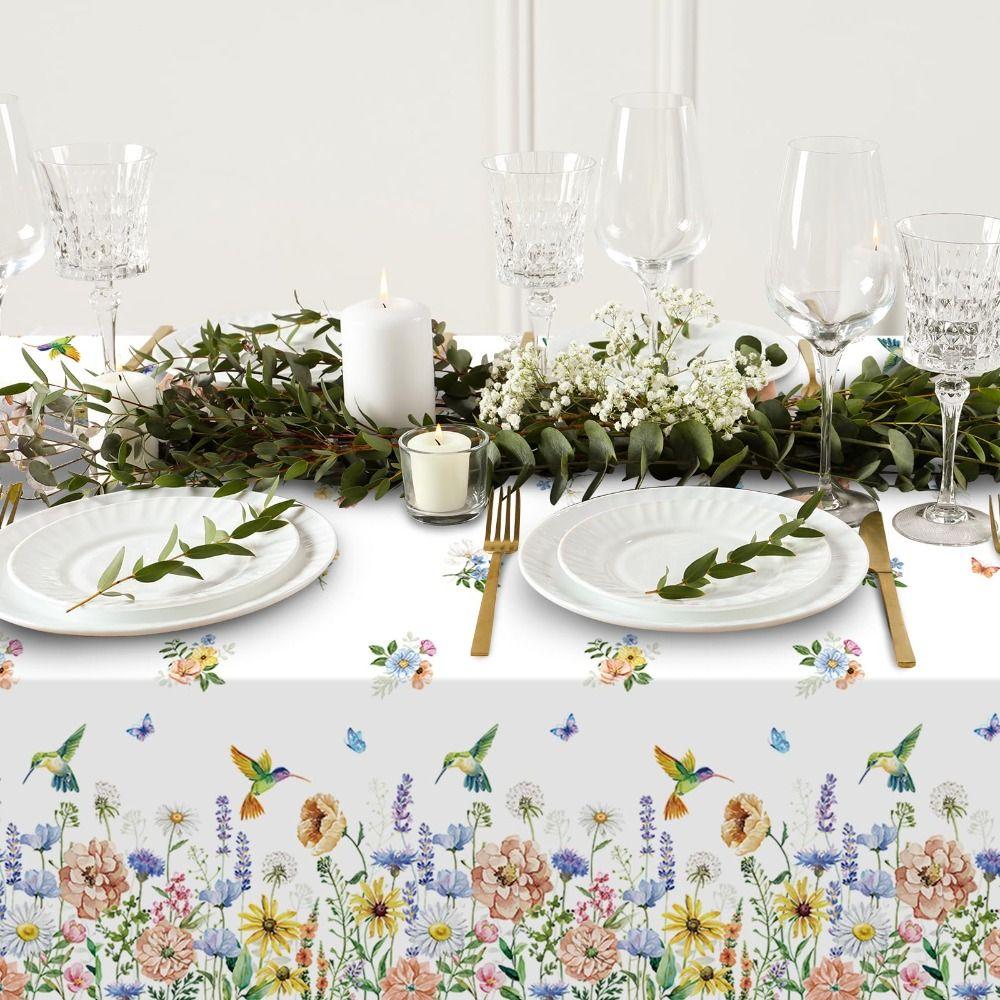 New Butterfly Wildflower Spring Floral Tablecloth Waterproof Reusable Table Mat Rectangle Shape DIY Table Cover Party