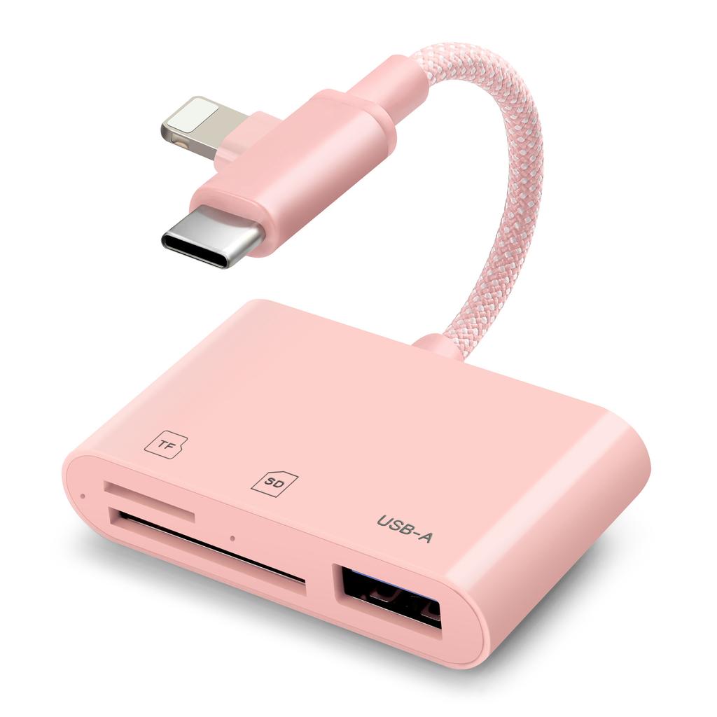 SD Card Reader for iPhone/iPad, Braided Nylon Cable with Dual Lightning and USB-C Connectors, SD/TF USB 3.0