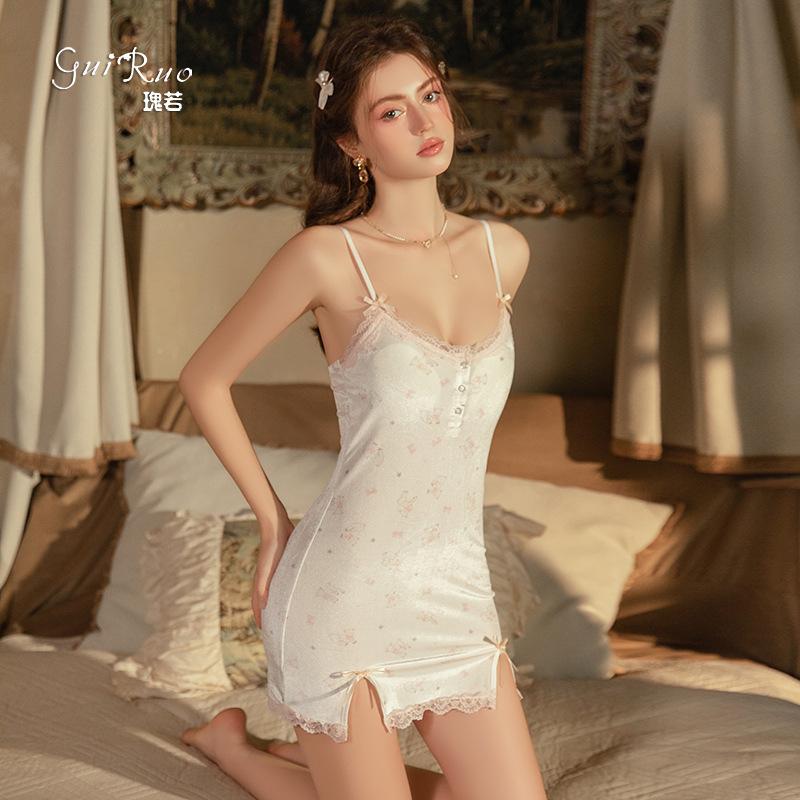 Women's Velvet Print Bow Trim Padded Slit Sleep Dress with Robe Lounge Set