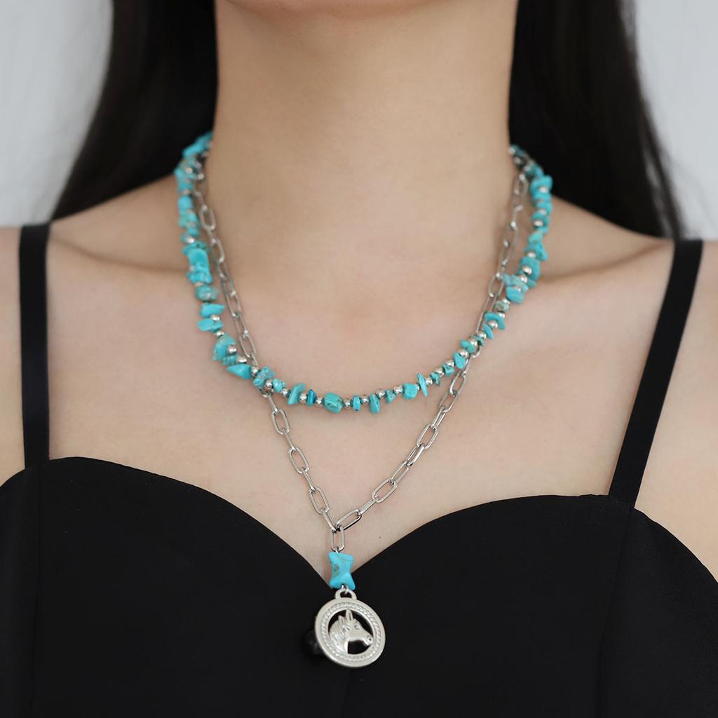 European and American retro bohemian ethnic style imitation turquoise beaded alloy pendant multi-layer necklace bracelet set