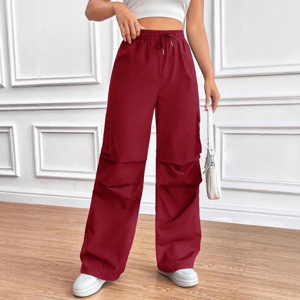 2025 Spring/Fall Elastic Waist Drawstring High-Waist Cargo Pants for Women—Loose Fit, Flap Pockets, Commuter Style.
