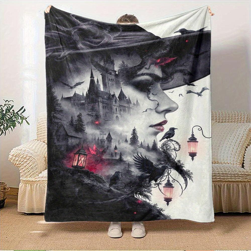 For Witch,Castle,Ravens-Themed Flannel Blanket, Glam Style, Digital Print, All-Season Comfort, Tear-Resistant, Knitted Craftsmanship, Polyes