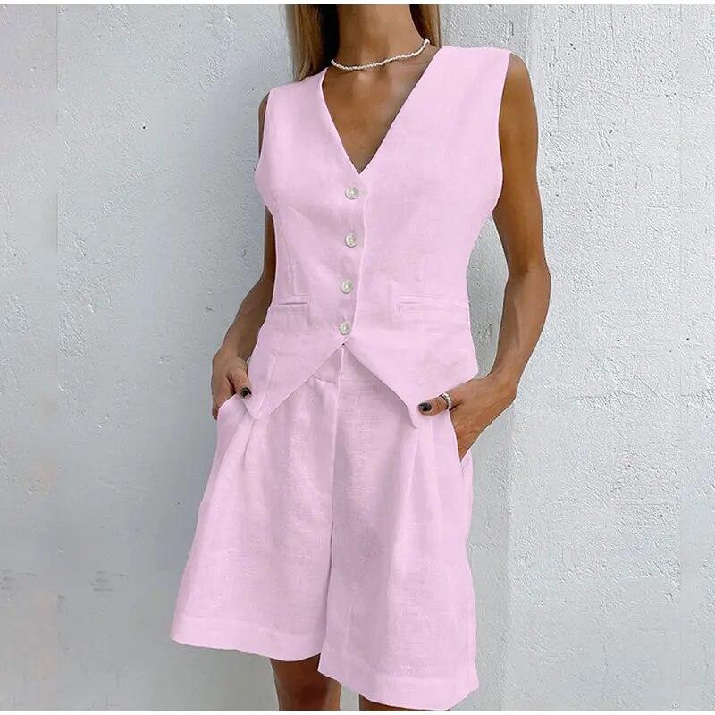 Women Cotton Line Waistcoat Shorts Sets Elegant Sleeveless Single Breasted Top Two Piece Set Womens 2023 Summer Lady Outsuit