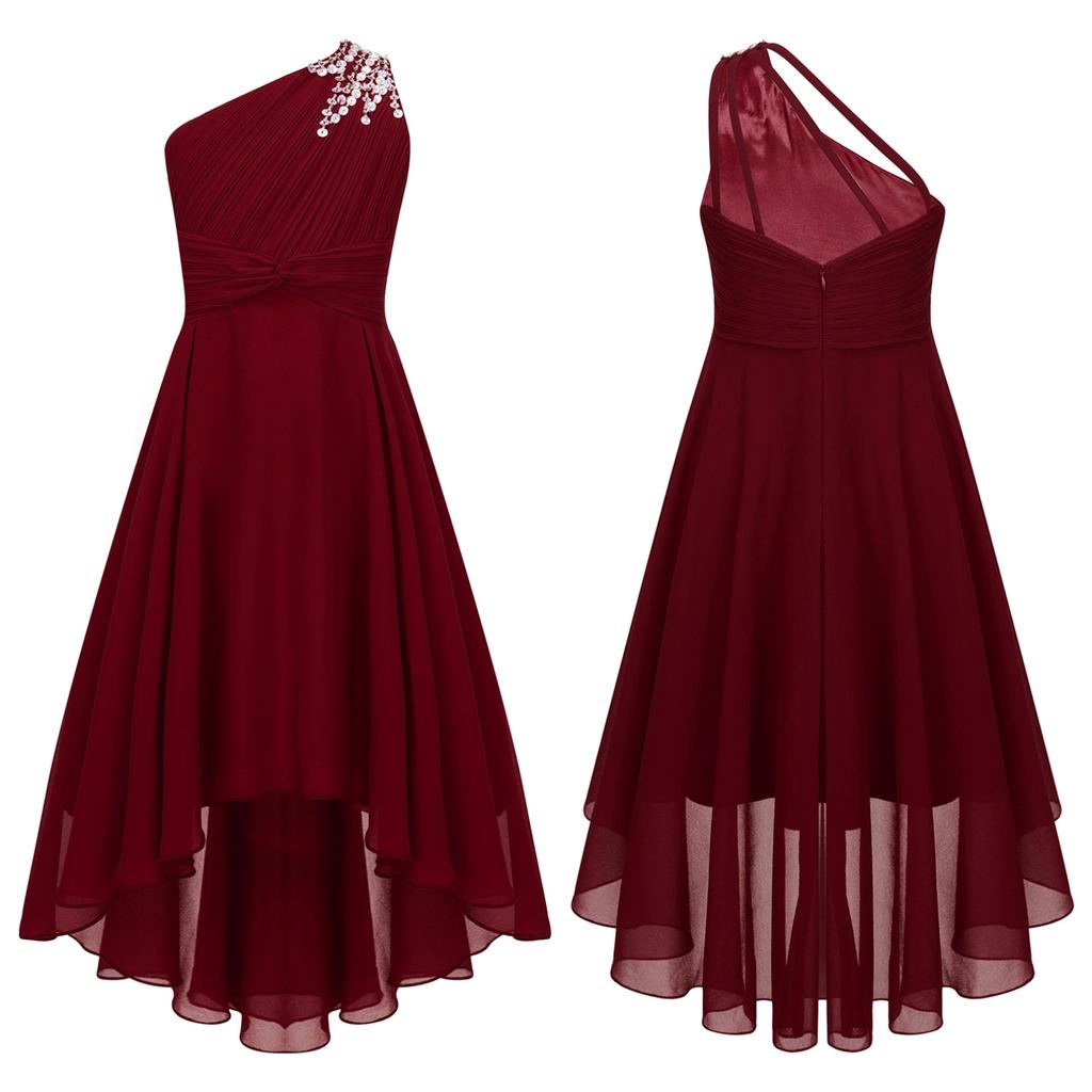 Kids Girls One Shoulder Sleeveless Bridesmaid Dress High Waist Party Dress for Evening Proms Gowns