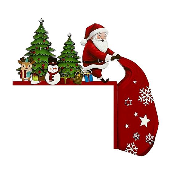 Wooden Christmas Door Topper Cute Santa Claus Door Corner Frame Sign for Holiday Home Wall Cabinet Shelf Decor
