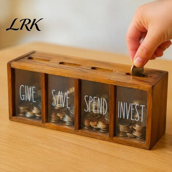 Игрушки по финансовой грамотности для детей Деревянная копилка с 4 отделениями, Прозрачная акриловая копилка, Обучающая игрушка по личным финансам Стена