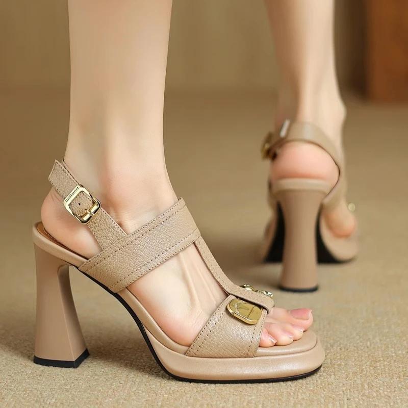Fashion Women's Fashion Sandals Metal Decoration One-line Buckle Square Heel Shoes Women Dress 2025 French Square Toe Sandalias De Mujer