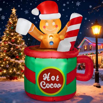 Joyfy 1,8 м Рождественские надувные фигурки Пряничный человечек в кружке с какао Надувные с встроенными светодиодами для праздничной вечеринки Наружные украшения