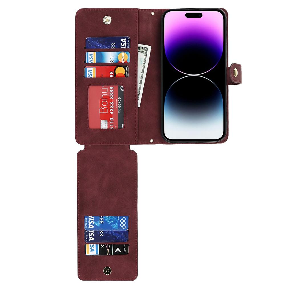 For iPhone 14 Pro Max Stand Case PU Leather Phone Cover with Straps/Zipper Wallet/Multiple Card Slots