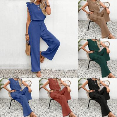 Женский летний костюм из двух предметов, ажурная отделка, топ без рукавов и брюки широкого кроя, пляжный дорожный спортивный костюм, повседневный лаунж-комплект