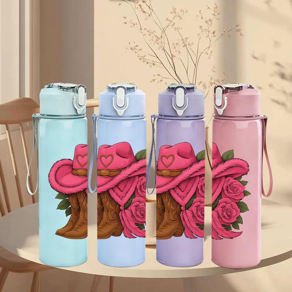 1PC Pink Cowboy Hat Rose Flower 750ml Color Plastic Sports Water Bottle Leakproof Flip Straw Lid Suitable for Sports Office Home Use