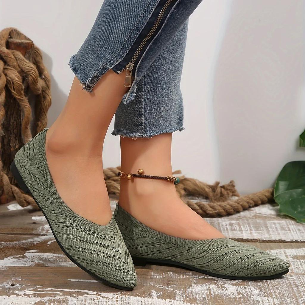 Women's Pointed Toe Flat Shoes Solid Color Knitted Slip On Shoes Casual Breathable Flats Women Flat Loafers Comfort Ladies Shoes