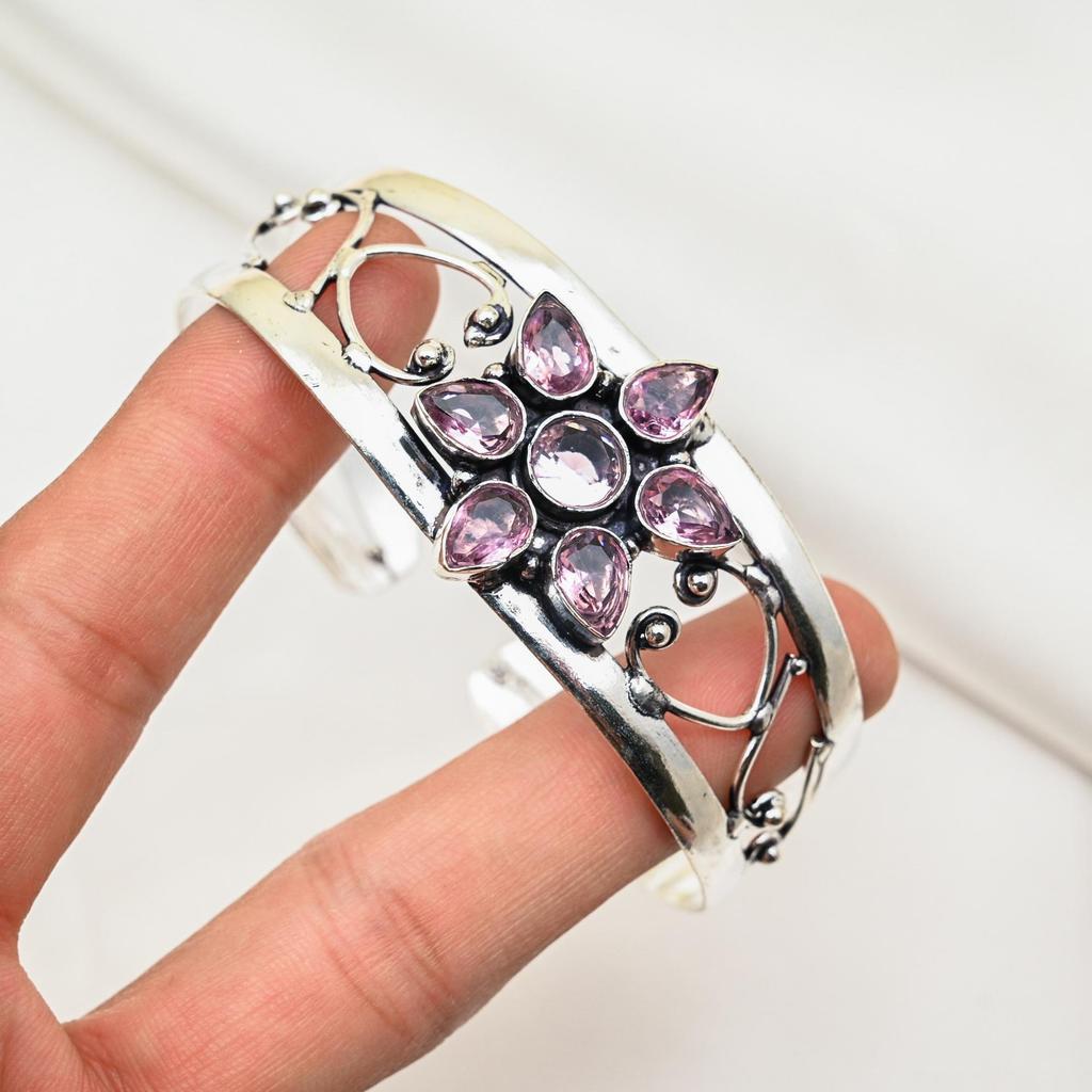 Розовый браслет из кунцита, изящные ювелирные изделия ручной работы, браслет-манжета из стерлингового серебра 925 пробы, регулируемый браслет, браслет-манжета из драгоценных камней, подарок для женщин