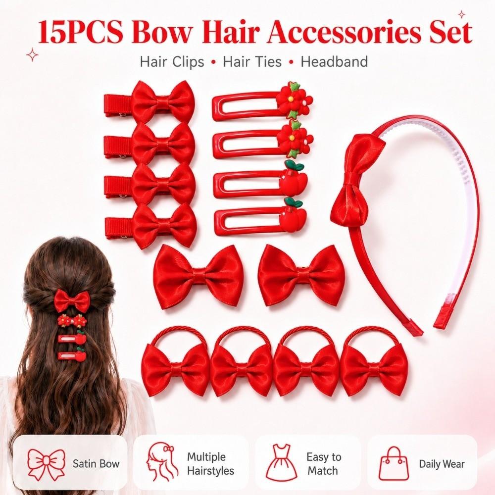 15Pcs/Set Lightweight Bow Hair Clips Satin Bow Hair Ties New Bow Headband Girls Gifts