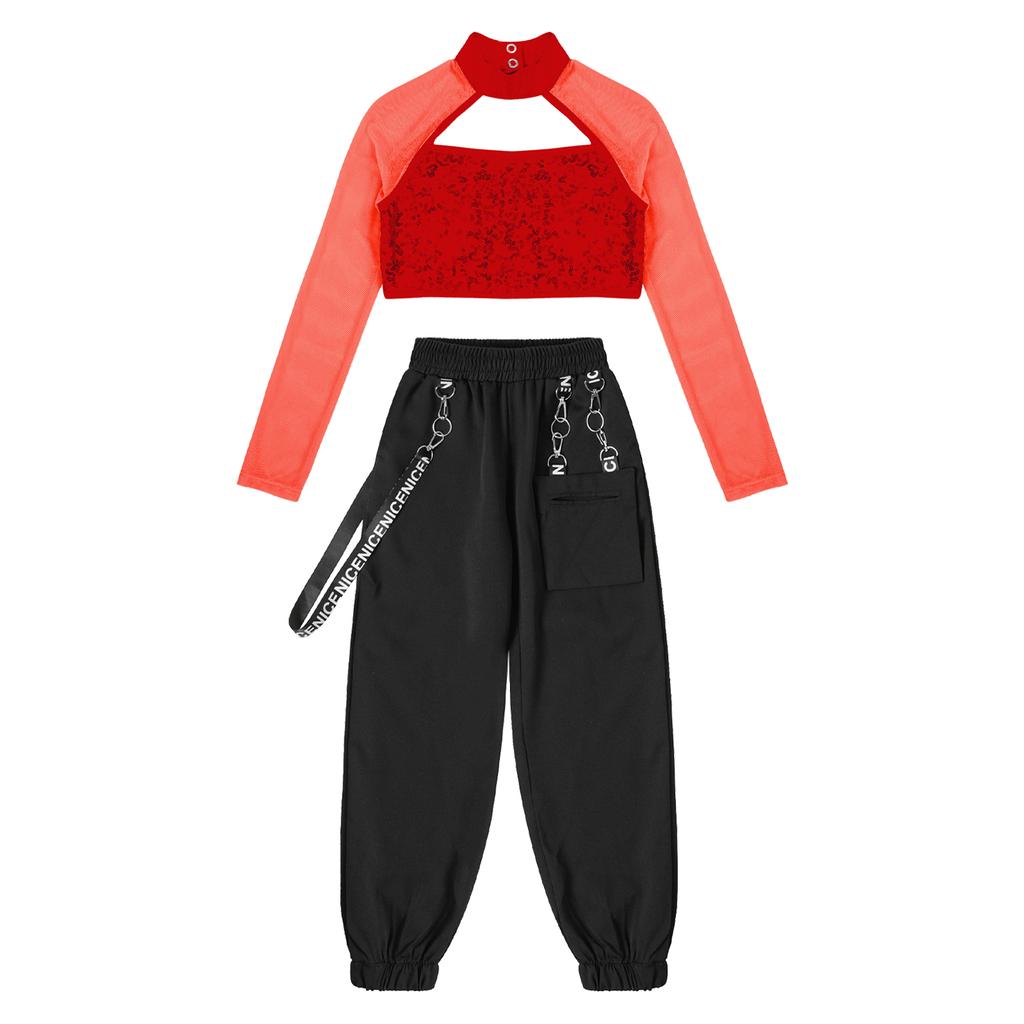 Kids Girls Casual Outfits Long Sleeve Mock Neck Crop Top with Elastic Waistband Pants for Hip-hop Street Dance