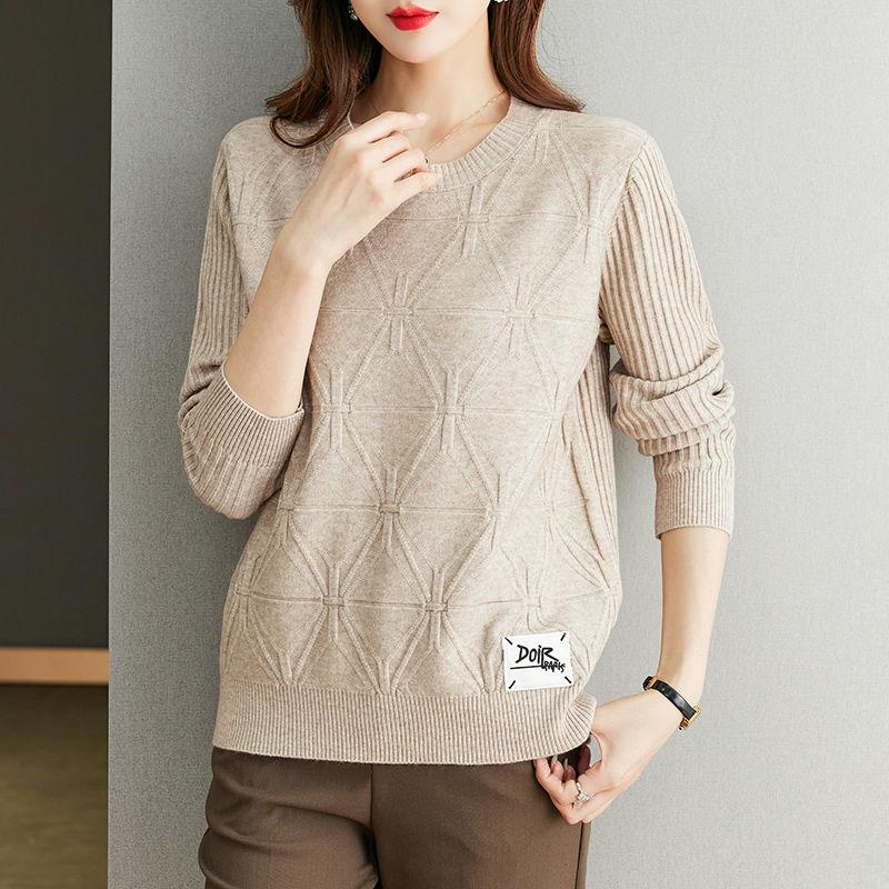 Осень-зима Женский свитер больших размеров Свободный короткий пуловер Трикотажный свитер Жаккардовый круглый вырез Стрейч Джемпер Трикотажный топ