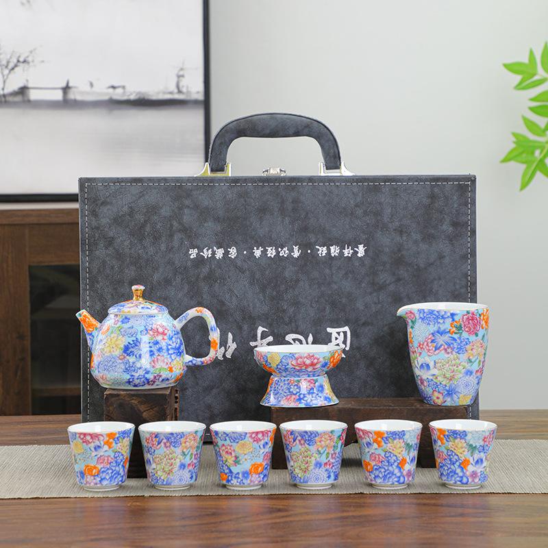 Enamel color Wanhua Kung Fu tea set, teapot, ceramic three talents cover bowl, pastel teacup, master cup, household set gift box