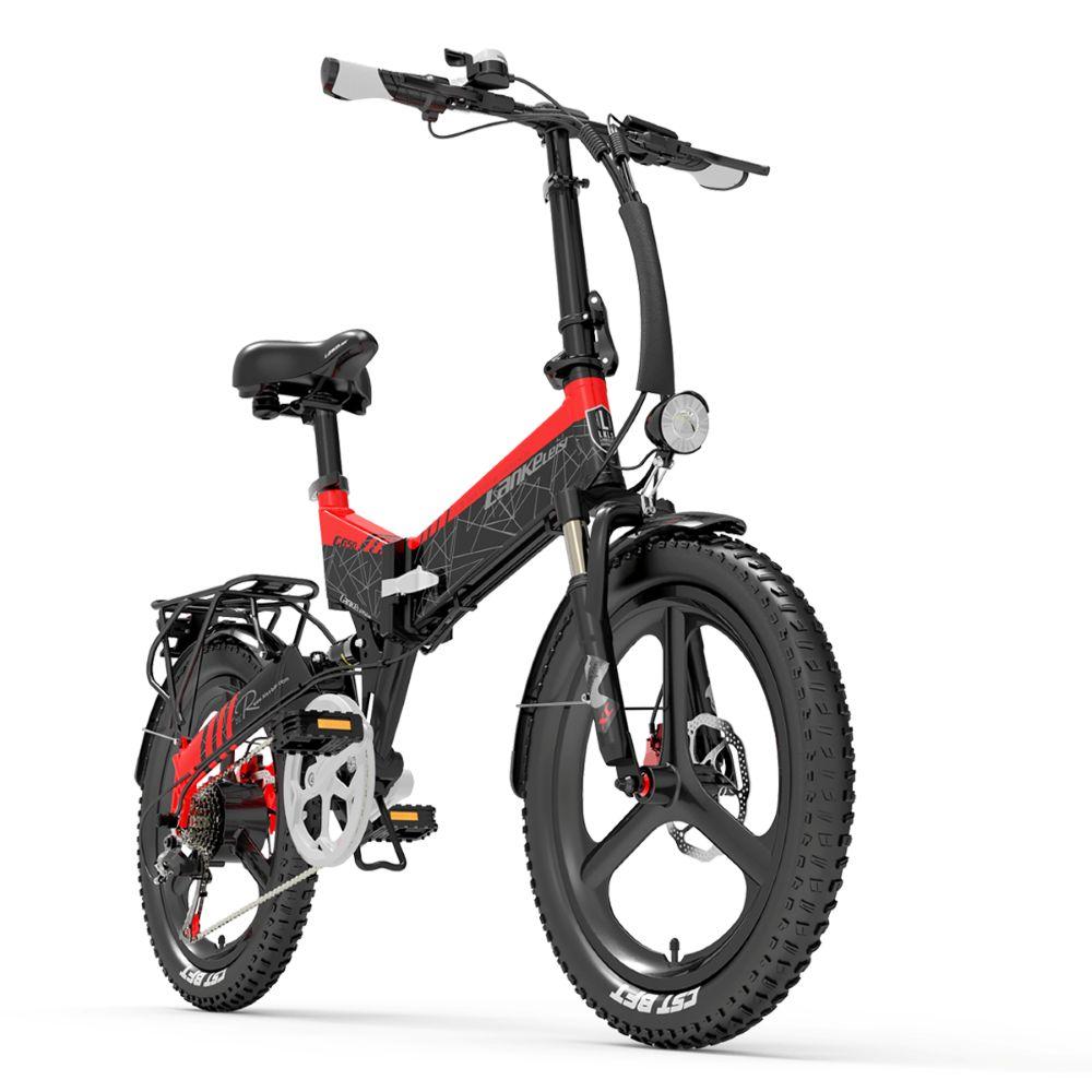 LANKELEISI G650 foldable electric bicycle features a 500W motor, 48V 12.8Ah battery, a top speed of 35km/h, a range of 110km, 20*2.4 inch tires.
