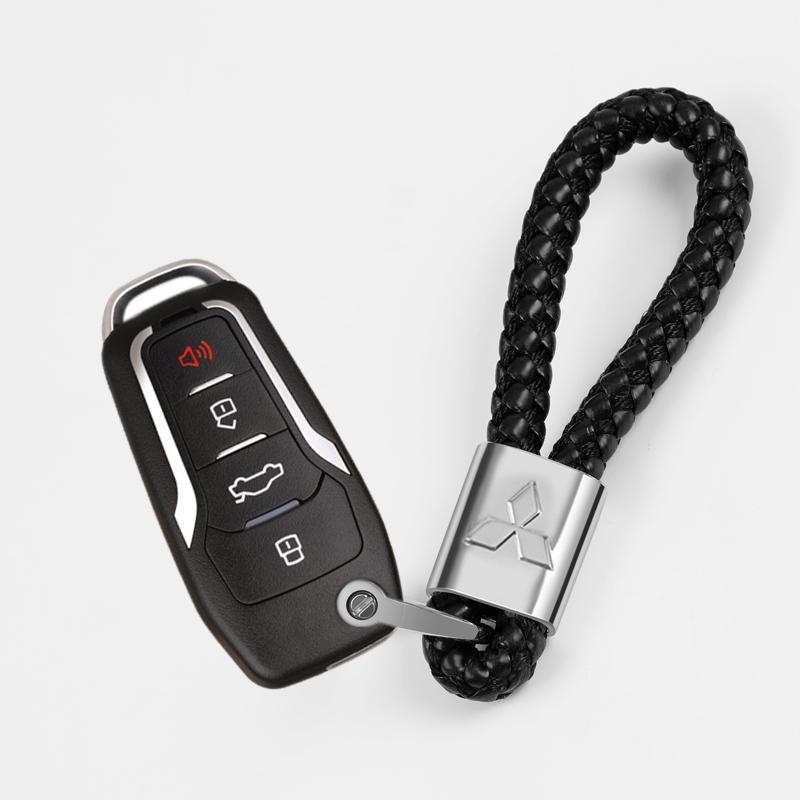 Car Styling 3D Metal+Leather Braided Woven Rope Keychain For Mitsubishi Asx Lancer Outlander Pajero Ralliart Accessories