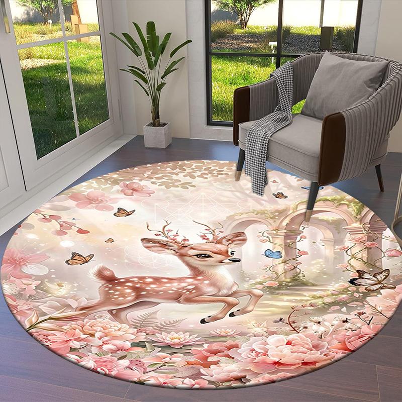 1PC Deer Fantasy Non-Slip Floor Round carpet, Office, family, bedroom, Large Area Rug Indoor Rugs, Durable Polyester-L0391