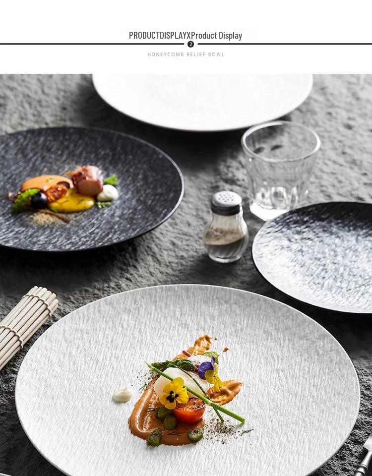 Черно-белая керамическая неглубокая тарелка пищевого класса - Роскошный стиль для обедов и завтраков