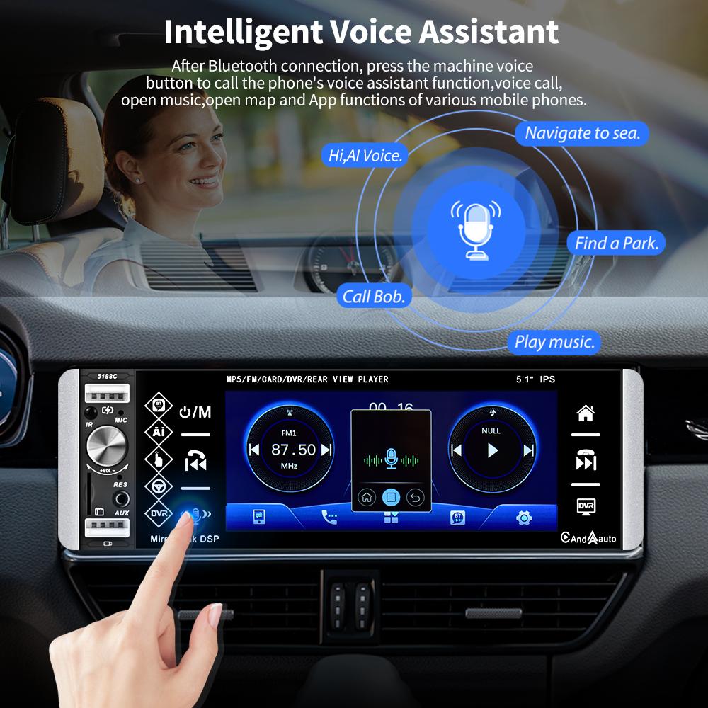Hikity 1 Din 5,1-дюймовый сенсорный экран Автомобильный MP5-плеер AI Voice Carplay/Android Auto Deep Bass Bluetooth FM Руль AUX USB SD Media Вид сзади