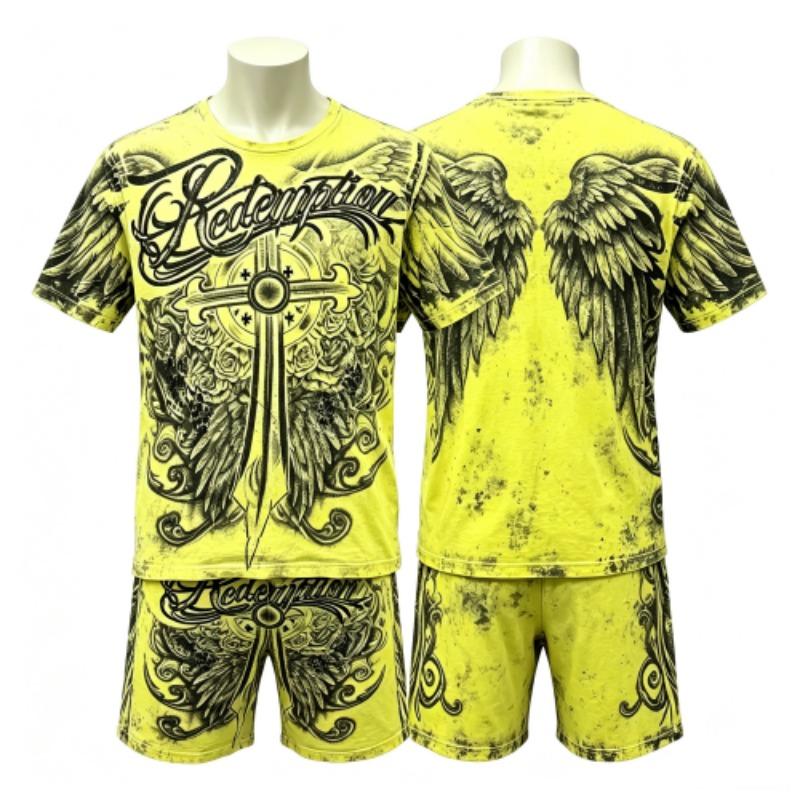 Модный готический стиль Винтажный набор из футболки с коротким рукавом и шорт для детей с принтом крыльев ангела и креста Набор футболка и шорты для мальчика и девочки