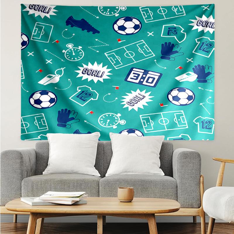 Soccer Print Tapestry, Backdrop, Easy Setup, Ideal for Bedroom, Office & Living Room, with Aesthetic Wall Hanging Decor.