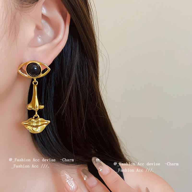 Винтажные серьги в придворном стиле с подвеской-каплей, инкрустациями в виде глаз, рта и стразами