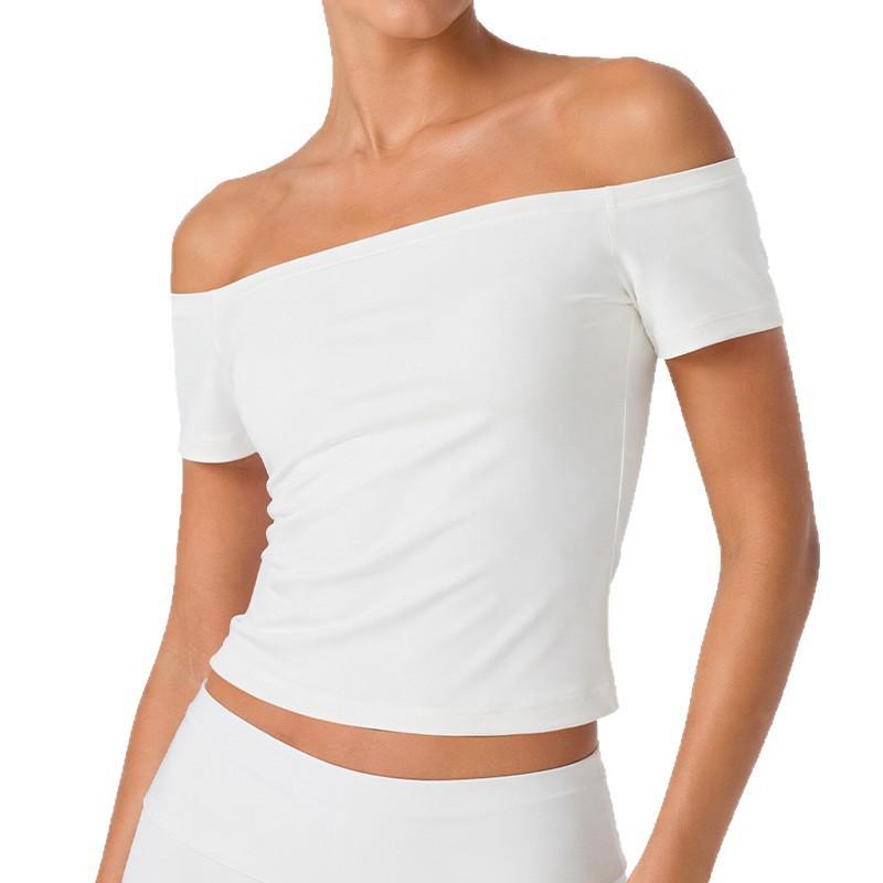 Womens Off-Shoulder Short Sleeve Yoga Top Slim Fit Workout Tee Running Fitness