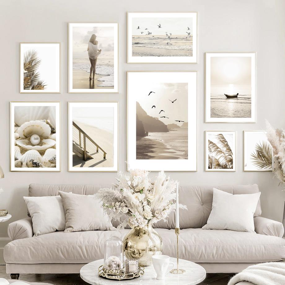 Wall Art Print Sunrise Beach Walk Birds Palm Leaf Reed Boat Pearl Canvas Painting Nordic Poster Decor Pictures For Living Room