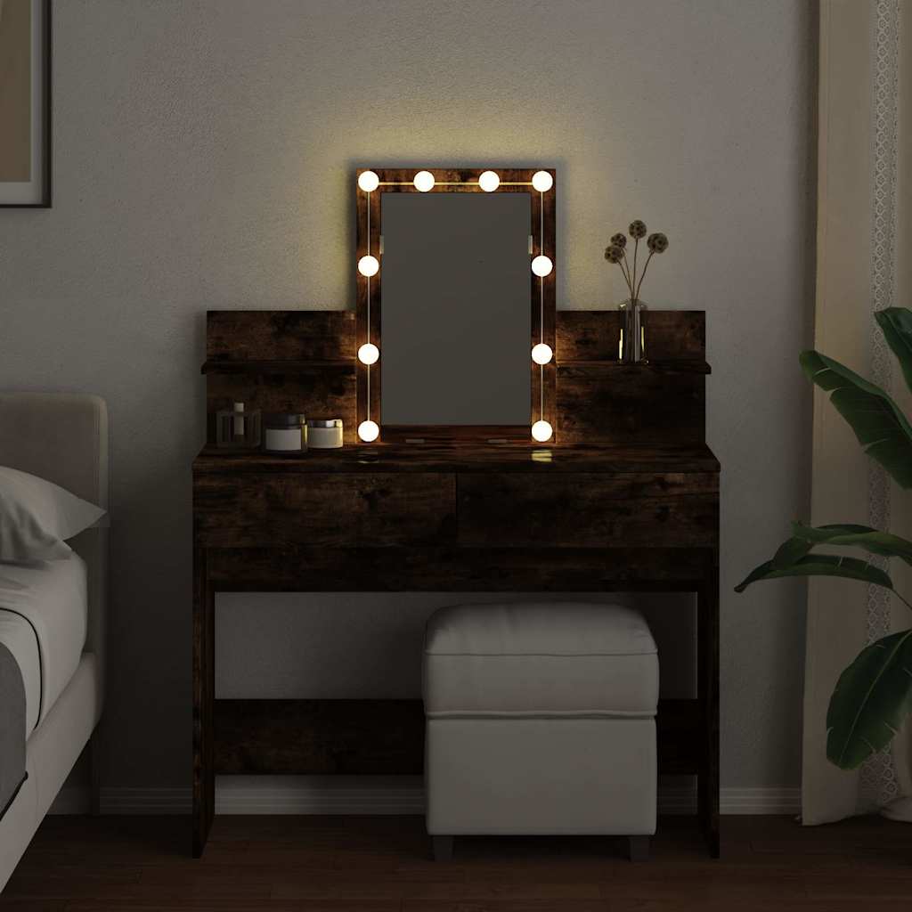 Makeup Vanity with LED Lighting Smoked Oak Finish 100 x 40 x 130 cm
