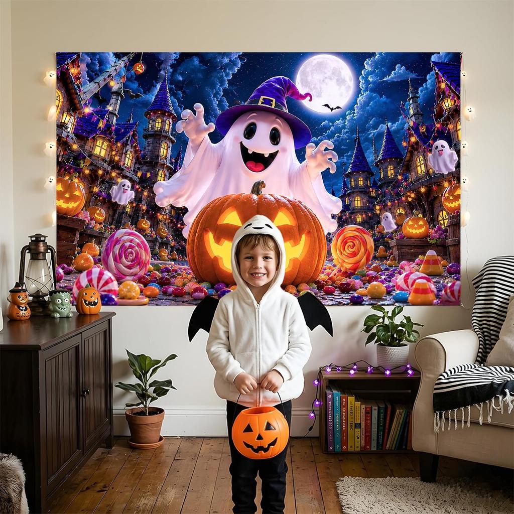 Halloween Backdrop Banner Ghost Pumpkin Halloween Party Decor 5.9×3.6ft