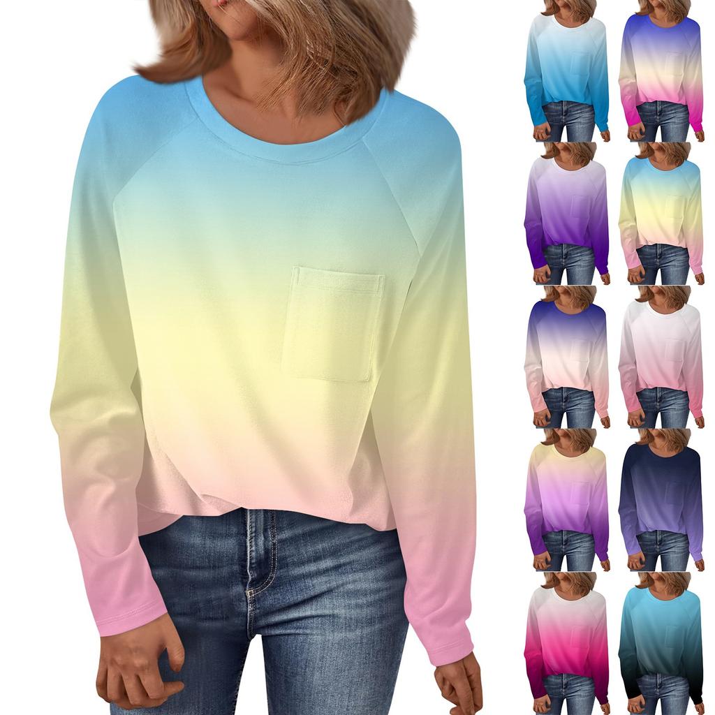 Women's Round Neck Gradient Printed Raglan Sleeve Long Sleeve Versatile Loose Top