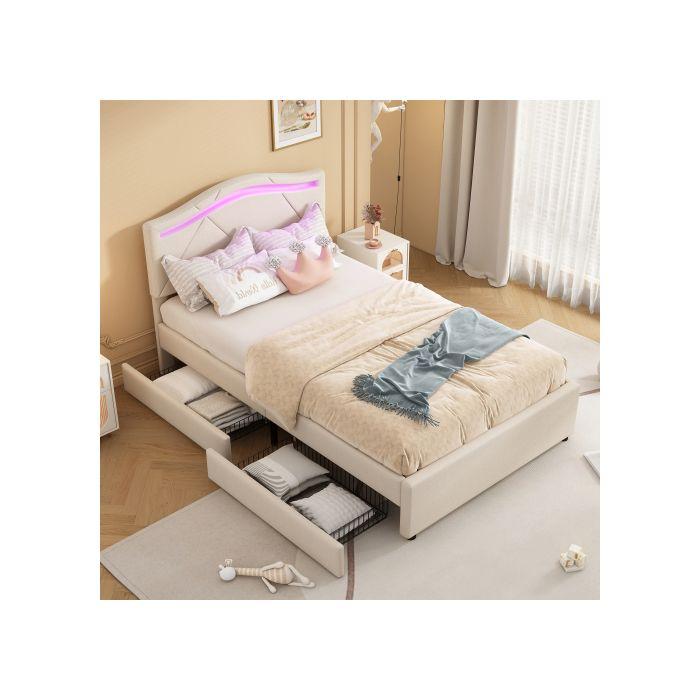 Мягкая кровать - MUVOE - 90x200 см - Бежевый - Светодиодное освещение с дистанционным управлением - 2 выдвижных ящика