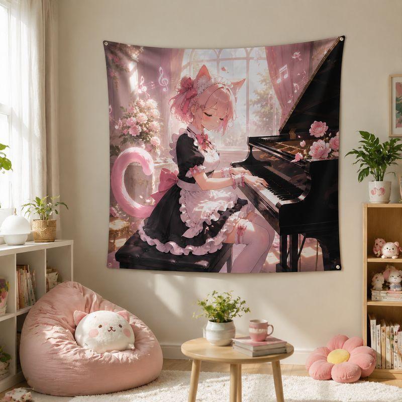 Pink Cat Maid Anime Tapestry, Kawaii Aesthetic Wall Hanging, Sweet Cafe Art Wall Decor Blanket for Girls Bedroom Dorm