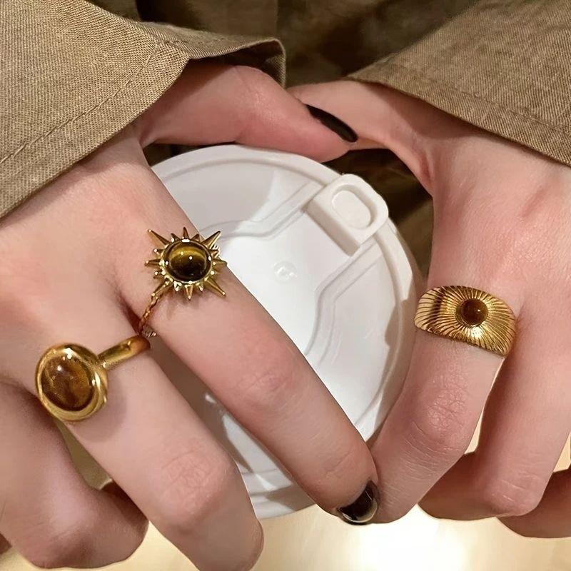 1/3 Pieces Golden Sunflower Tiger Eye Stone Rings for Women 2025 New High-end Ring Niche Retro Design Unique and Versatile Ring
