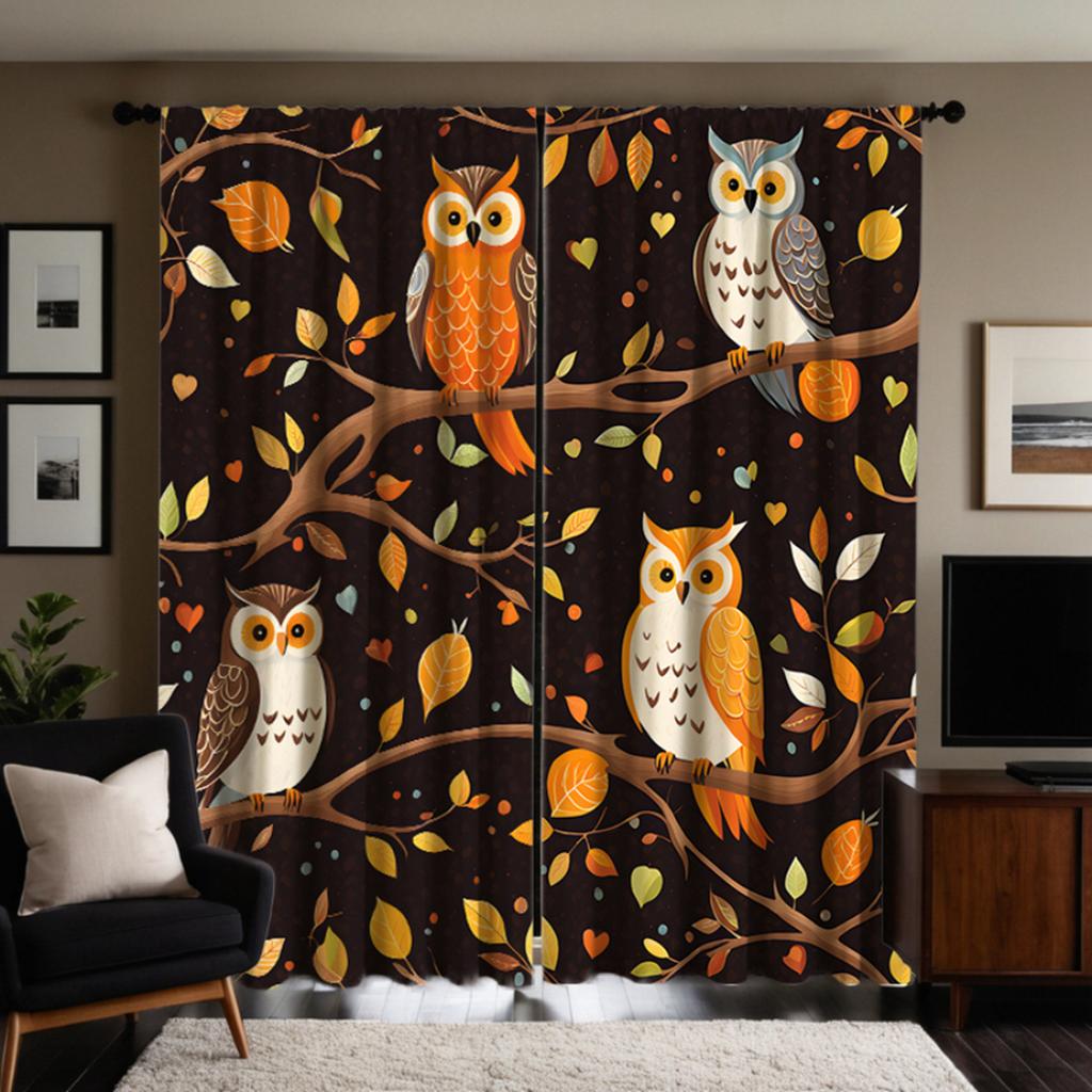 2 Pieces of HD Owl Decorative Curtain On the Tree At Night Black Tie Digital Printed Curtain Home Decoration Style Decoration Li