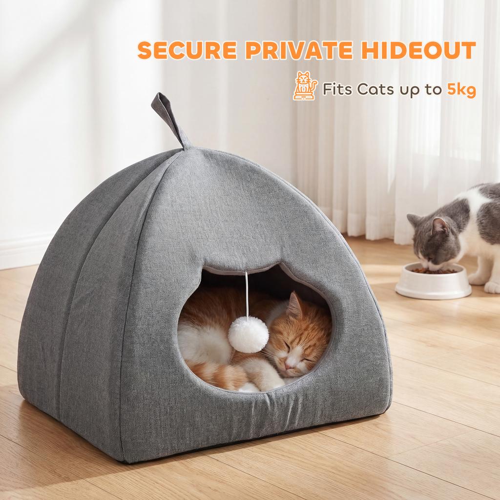 Cat Cave Bed for Indoor Kittens, Cat House with Removable Cushion and Teaser Ball, Kitty Igloo with Anti-Slip Base, 42 x 42 x 39 cm, Grey