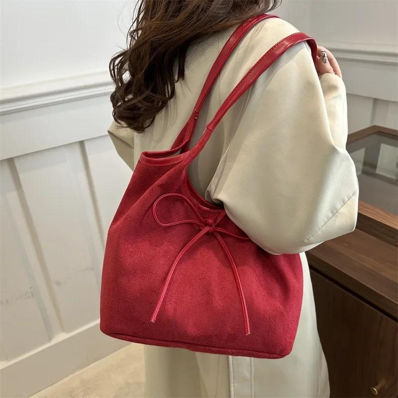 Fashion Bow Design Shoulder Bags for Women Vintage Faux Suede Ladies Commuter Underarm Tote Bag Female Large Capacity Handbags