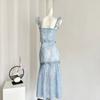 Синий комплект из 2 предметов платья 2025 Лето Французский ретро Элегантный облегающий топ Y2k + милые юбки Сказочный стиль Эстетика пляжной вечеринки